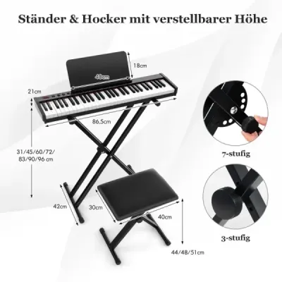 Přenosná elektronická klávesnice s 61 klávesami a stojanem a židlí Elektrické piano Digitální klávesnice