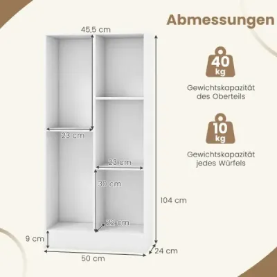 Regál s 5 přihrádkami Stojící regál Kostka Kancelářský regál Úložný regál do obývacího pokoje 50 x 24 x 104 cm Bílý