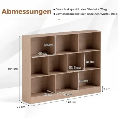 Knihovna s 10 přihrádkami Stojící regál se 3 úrovněmi Kostka Kancelářský regál 140 x 24 x 104 cm Přírodní