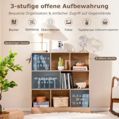 Regál s 8 přihrádkami Stojící regál se 3 úrovněmi Kostka Kancelářský regál Úložný regál 100 x 24 x 104 cm Přírodní