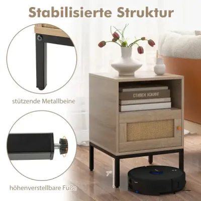 Noční stolek ratanový noční stolek s otevřenou policí a skříňkou 40 x 40 x 57 cm přírodní