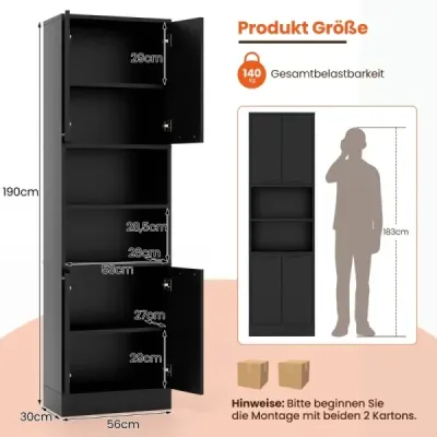 190 cm vysoká kuchyňská skříňka spíž vysoká skříňka s dvířky černá
