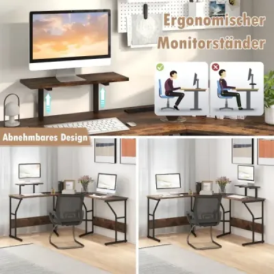 Stůl ve tvaru L se zásuvkou a Pohyblivý stojan na monitor rohový počítačový stůl hnědý Stůl ve tvaru L se zásuvkou a Pohyblivý stojan na monitor rohový počítačový stůl hnědý