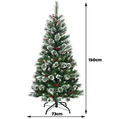Umělý vánoční stromeček 150 cm se sněhovými vločkami, červenými bobulemi a zelenými koblihami