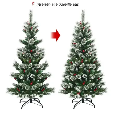 Umělý vánoční stromeček 150 cm se sněhovými vločkami, červenými bobulemi a zelenými koblihami