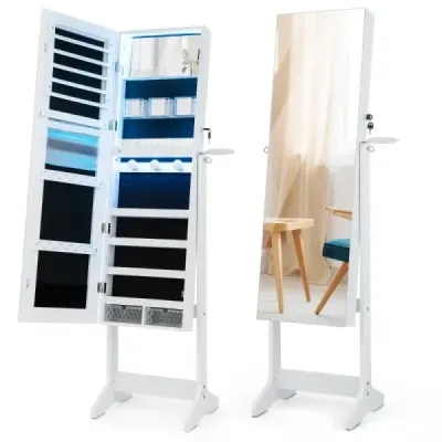 LED skříňka na šperky se zrcadlem po celé délce a zrcadlem pro líčení 41 x 37 x 156 cm bílá