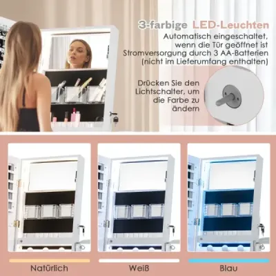LED skříňka na šperky se zrcadlem po celé délce a zrcadlem pro líčení 41 x 37 x 156 cm bílá