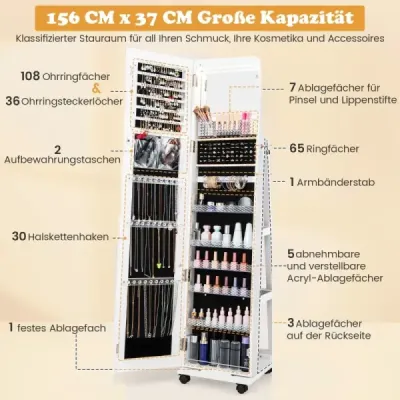 Costway Uzamykatelná skříňka na šperky s integrovaným kosmetickým zrcadlem, nastavitelnými policemi a úložným prostorem Bílá