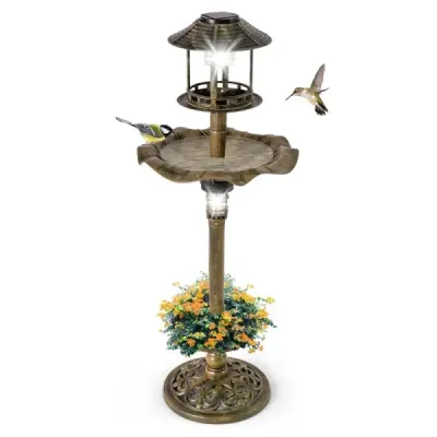 Ptačí vana se solárním světlem květináč krmítko pro ptáky Ø43 x 110 cm bronz