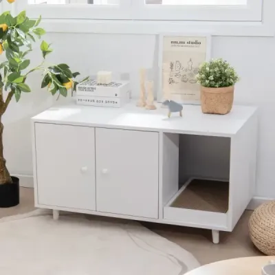 Příruční stolek 2 v 1 a skříňka pro kočky se škrábací deskou kočičí WC 90 x 50 x 50 cm konferenční stolek bílý