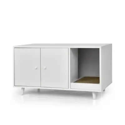 Příruční stolek 2 v 1 a skříňka pro kočky se škrábací deskou kočičí WC 90 x 50 x 50 cm konferenční stolek bílý