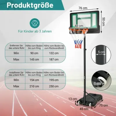 Basketbalový stojan 90/158-210 cm výškově nastavitelný basketbalový koš se stojanem odolný vůči povětrnostním vlivům vnitřní vnější zelený