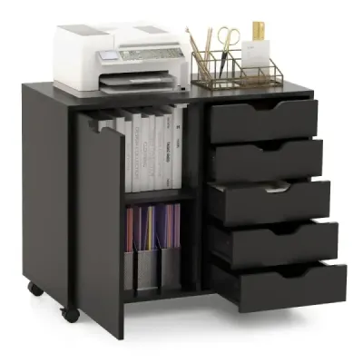 Pojízdný kontejner s 5 zásuvkami mobilní kartotéka s dvířky 79 x 39 x 65 cm černá