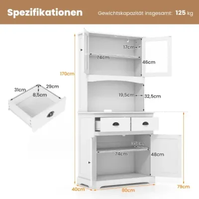 Vysoká kuchyňská skříňka se 4 dvířky a 2 zásuvkami a pracovní deskou a 2 skříňkami 80 x 40 x 170 cm bílá