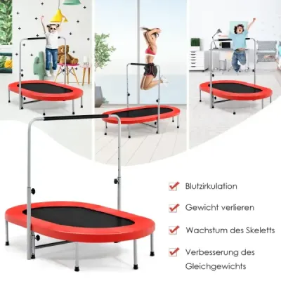 Dvojitá trampolína skládací fitness trampolína s nastavitelným madlem 154 x 90 x 92 -132 cm červená