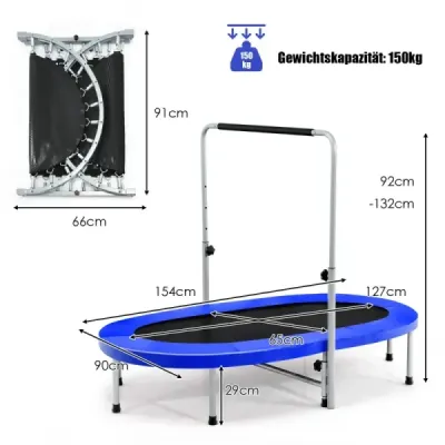 Trampolína pro 2 osoby s výškově nastavitelnou rukojetí mini trampolína 154 x 90 x 92 -132 cm modrá
