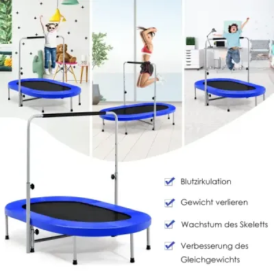 Trampolína pro 2 osoby s výškově nastavitelnou rukojetí mini trampolína 154 x 90 x 92 -132 cm modrá