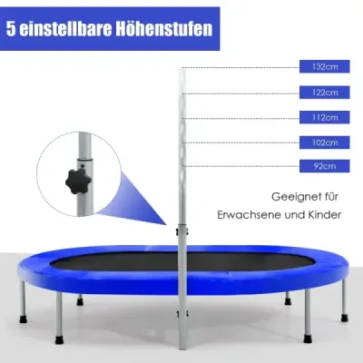 Trampolína pro 2 osoby s výškově nastavitelnou rukojetí mini trampolína 154 x 90 x 92 -132 cm modrá