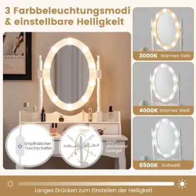 Toaletní stolek s LED osvětlením nastavitelný jas toaletní stolek se 3 zásuvkami bílý