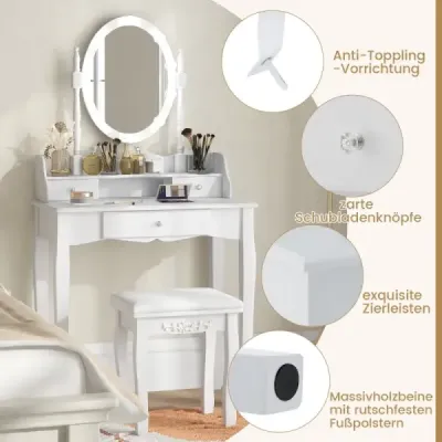 Toaletní stolek s LED osvětlením nastavitelný jas toaletní stolek se 3 zásuvkami bílý