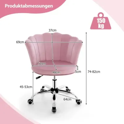Výškově nastavitelná sametová kancelářská židle s kolečky a ergonomická počítačová židle růžová