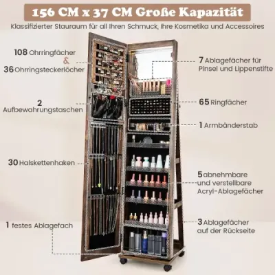 Uzamykatelná skříňka na šperky s integrovaným zrcadlem na líčení, nastavitelnými policemi a úložným prostorem na kávu