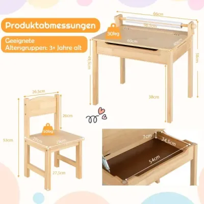Kleinkinder-Multifunktionstisch mit Stuhl Kindertisch für Kunst und Handwerk mit Papierrollenhalter Natur Kleinkinder-Multifunktionstisch mit Stuhl Kindertisch für Kunst und Handwerk mit Papierrollenhalter Natur