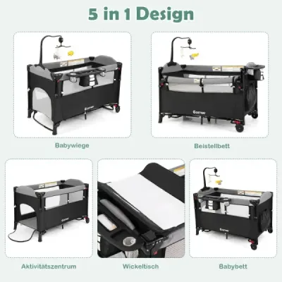 Wandelbares 5-in-1-Babybett mit Wickeltisch & Aufbewahrungstasche Schwarz