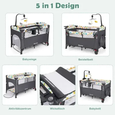 Wandelbares 5-in-1-Babybett mit Wickeltisch & Aufbewahrungstasche Grau