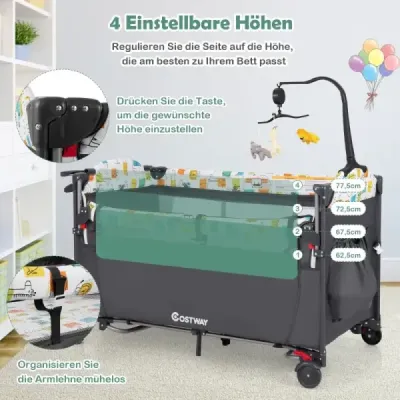 Wandelbares 5-in-1-Babybett mit Wickeltisch & Aufbewahrungstasche Grau
