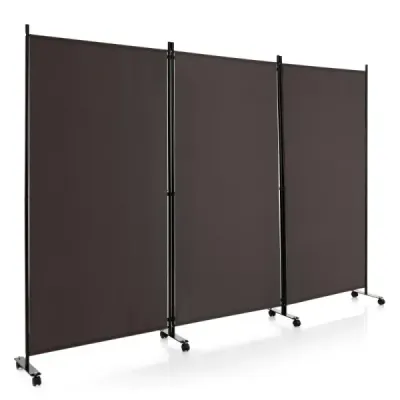180 cm vysoká deliaca stena na kolieskach, skladacia zástena s 3 voľne kombinovateľnými panelmi, hnedá