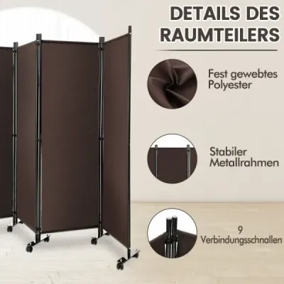 Raumteiler mit 4 Paneelen auf Rädern 173 cm Hoher Rollbarer Sichtschutz Braun