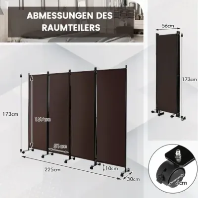 Raumteiler mit 4 Paneelen auf Rädern 173 cm Hoher Rollbarer Sichtschutz Braun