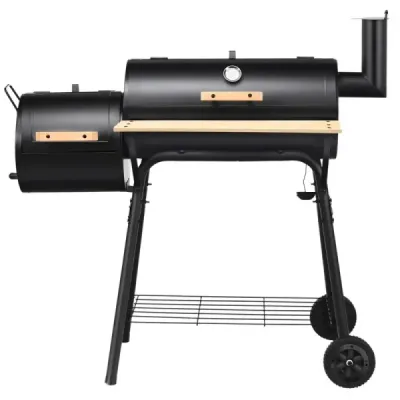 Gril na dřevěné uhlí BBQ s kolečky, grilovací vozík s víkem, venkovní gril, 115 x 65 x 108 cm, černý