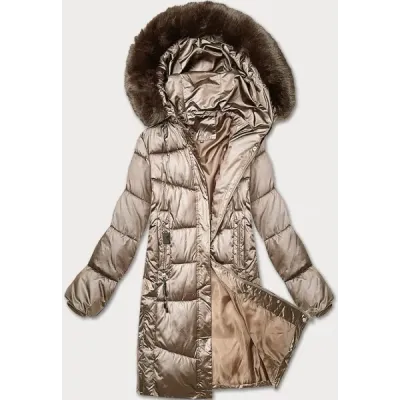 Zimowa pikowana kurtka plus size z kapturem S\'west beżowa (B8267-12)