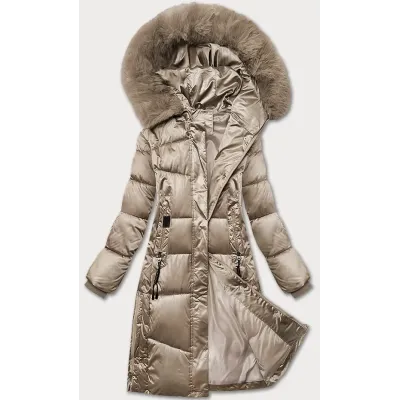 Zimowa pikowana kurtka plus size z kapturem S\'west beżowa (B8267-12)