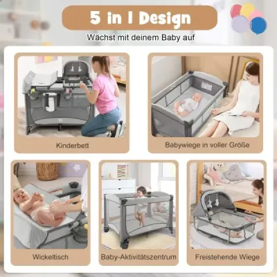 5 in 1 Mobile Babybett Wickeltisch & Wiege mit Spielzeug & Matratze & Tragetasche Grau