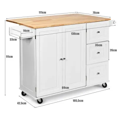 Rolovací kuchyňský vozík se sklopnou pracovní plochou kuchyňský ostrůvek 136 x 76 x 91 cm bílý