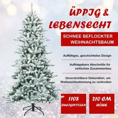 210 cm Künstlicher Schneebedeckter Bleistift Weihnachtsbaum mit Kiefernzapfen Grün + Weiß