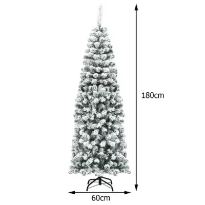180 cm Bleistift Weihnachtsbaum mit Schnee künstlicher Tannenbaum mit Metallständer Grün + Weiß