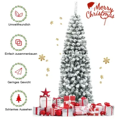 180 cm Bleistift Weihnachtsbaum mit Schnee künstlicher Tannenbaum mit Metallständer Grün + Weiß
