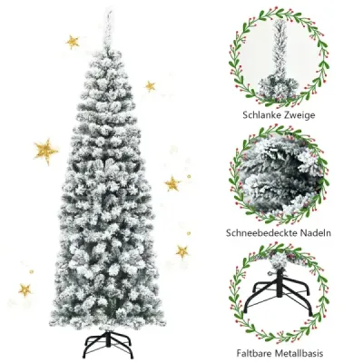 180 cm Bleistift Weihnachtsbaum mit Schnee künstlicher Tannenbaum mit Metallständer Grün + Weiß