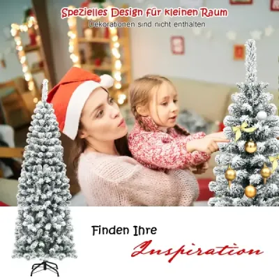 180 cm Bleistift Weihnachtsbaum mit Schnee künstlicher Tannenbaum mit Metallständer Grün + Weiß