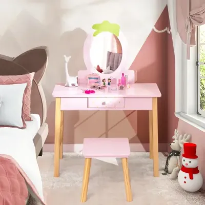 Erdbeerförmiges 2-in-1-Kinder-Schminkset aus Holz mit Hocker & Spiegel & Schublade