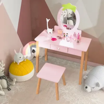 Erdbeerförmiges 2-in-1-Kinder-Schminkset aus Holz mit Hocker & Spiegel & Schublade