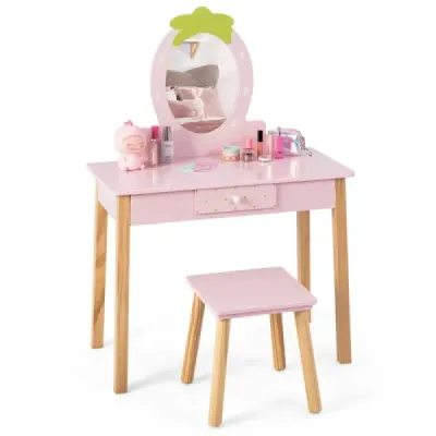 Erdbeerförmiges 2-in-1-Kinder-Schminkset aus Holz mit Hocker & Spiegel & Schublade