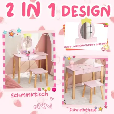 Erdbeerförmiges 2-in-1-Kinder-Schminkset aus Holz mit Hocker & Spiegel & Schublade