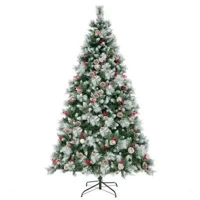 Ø125 x 215 cm Christbaum mit LED-Lichtern Weihnachtsbaum mit Beeren Grün + Weiß