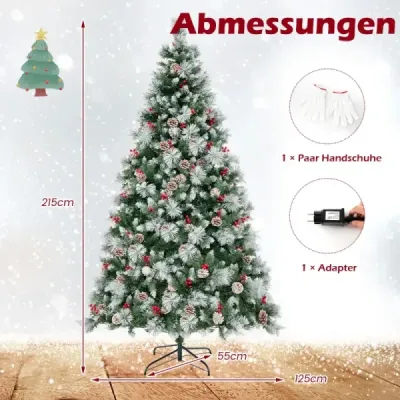 Ø125 x 215 cm Christbaum mit LED-Lichtern Weihnachtsbaum mit Beeren Grün + Weiß