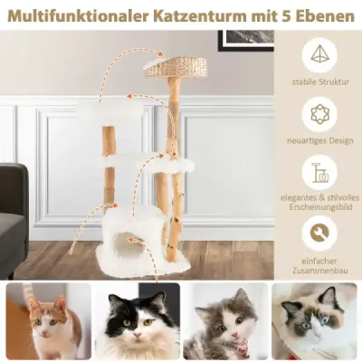 124 cm Kratzbaum aus Holz mit Katzenhöhle & Plüschsitzfläche & Sitzplattform Kratzpfosten aus Jute